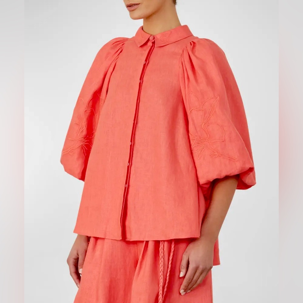 JOSLIN Lola Floral-Embroidered Button Down Linen Blouse